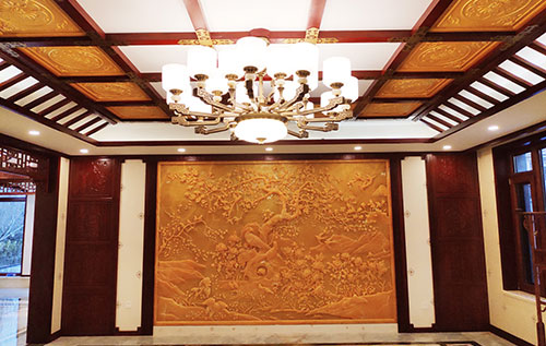 企石镇中式别墅客厅中式木作横梁吊顶装饰展示